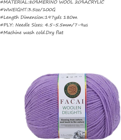 Facai Blend Merino Wool Yarn for Knitting - Worsted Weight,197yds (3.5oz) Ball, Ideal for Sweaters, Scarves, and Accessories (1, Purple)