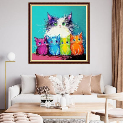 Funart Stamped Cross Stitch Kits for Beginners Full Range of Cross Stitching Preprinted Embroidery Kits for Adults, 11CT Embroidery Pattern Needlepoint Kits-Colorful Cat Family 18x18 inch