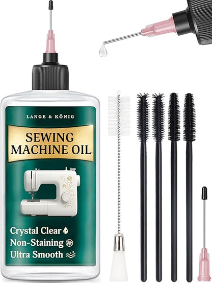 Lange & König 3.4 Oz Sewing Machine Oil Set Including 1" & 1.5" Precision Oil Applicators & 5X Specialized Deep Cleaning Brushes - Sewing Supplies, Sewing Products (Crystal Clear)