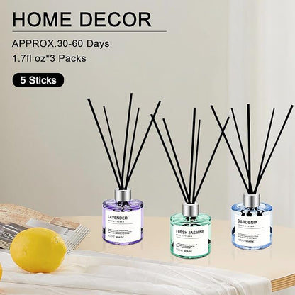 POWSHELF Reed Diffuser Set of 3 Pack,50ML Lavender Jasmine Gardenia Scented Oil Diffuser with 5 Sticks,Home Fragrance Reed Diffuser for Bedroom Bathroom Office (Lavender/Jasmine/Gardenia)
