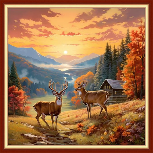 Funart Stamped Cross Stitch Kits for Beginners Full Range of Cross Stitching Preprinted Embroidery Kits for Adults, 11CT Embroidery Pattern Needlepoint Kits-Sunrise Deer 18x18 inchs