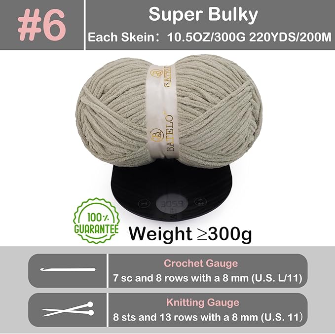 Chenille Yarn for Crocheting & Knitting 880 Yards, Soft Thick Fluffy Bulky Blanket Yarn, 4 Pack of 10.5oz(Vintage Khaki)