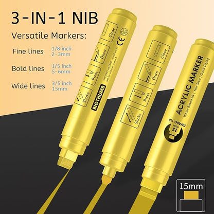 BIGTHUMB Jumbo Graffiti Poster Markers Set: 12 Metallic Colors Large 15mm Wide Tip Permanent Ink Thick Acrylic Paint Pens for Rock Painting, Stone, Glass, Wood, Ceramic, Metal, Plastic, Fabric