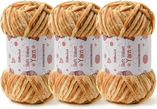 3x100g Fluffy Velvet Chenille Yarn for Crocheting and Knitting, 3x87.4yd Baby Yarn for Crocheting Soft, Crochet Chunky Yarns Amigurumi Yarns（Khaki