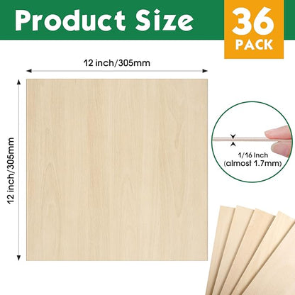 36 Pack Basswood Sheets 1/16x12X12Inch,Plywood Sheets for Crafts.Unfinished Wood Boards for Laser Cutting & Engraving,Burning,Balsa Wood Sheet for Painting.