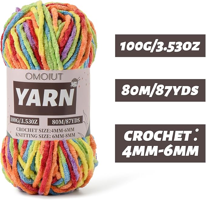 Rainbow Fluffy Chenille Yarn for Crocheting - Baby Yarn for Crocheting Soft Blanket - (100g/87.4yds) Crochet Amigurumi Chunky Yarns - Super Bulky 5 Velvet Yarns