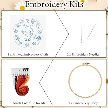 Louise Maelys Starter Embroidery Kits with Fox Pattern DIY Full Range Easy Needlepoint Cross Stitch Kits for Adults, Beginners with Stamped Animal Pattern