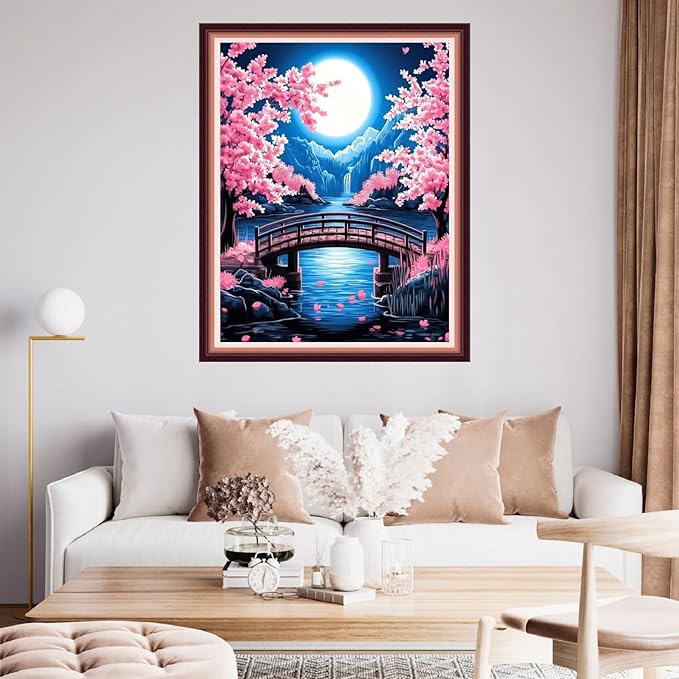 Fanxvivy Stamped Cross Stitch Kits for Beginners Full Range of Cross Stitching Preprinted Embroidery Kits for Adults, 11CT Embroidery Pattern Needlepoint Kits-Peach Blossom Moon 16x20 inch