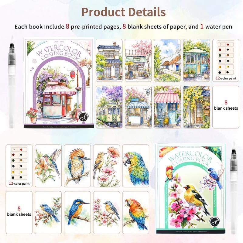 Watercolor Coloring Book for Adults, 2-Pack Watercolor Workbook Kit for Beginners with 24 Colors, 2 Water Brushes, 32 Pages, 240gsm Thick Watercolor Paper, Stress Relief Art Gift (Bird & Quiet) - Image 6