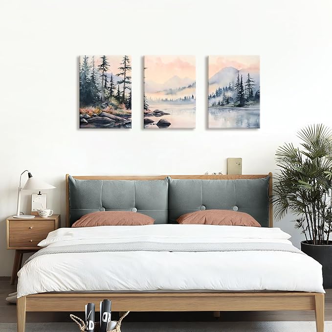 WENGTIAO 3 Pink Green Fog Forest Lake Canvas Wall art, Pine Watercolor Landscape Mural Sunset Misty Mountain Wall Pictures Posters Art Print for Living Room Bedroom Office Home Decor 12"x16"x3 Pcs