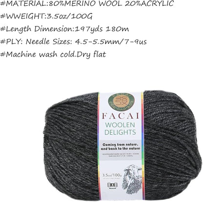 Facai Blend Merino Wool Yarn for Knitting - Worsted Weight,197yds (3.5oz) Ball, Ideal for Sweaters, Scarves, and Accessories (1, Dark Hemp Grey)