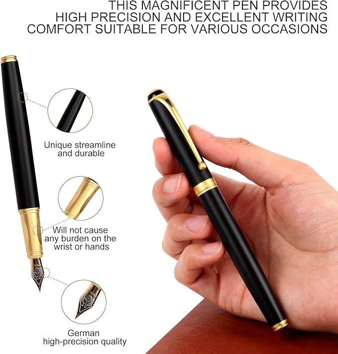 Zalantan Fountain Pen-Smooth Writing Metal Water Pen with Gift Case Fine Nib Consistent Ink Flow Luxury Pen for Nice Pens Includes a Calligraphy Nib 8 Ink Cartridges and a Converter (Gold)
