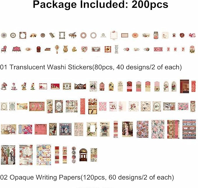 200PCS Vintage Scrapbooking Supplies Pack, Aesthetic Scrapbook Sticker Paper Art Journaling Kit for Junk Journals,Planner,Cottagecore Decor Gifts (Pink Retro Collection)