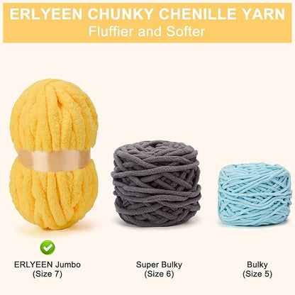 ERLYEEN Chenille Chunky Yarn Super Bulky Soft Thick Fluffy Jumbo Giant Washable Polyester Big Yarn DIY for Arm Knit Blanket Cushion Bed Sofa Home Decor,Yellow,0.55LB