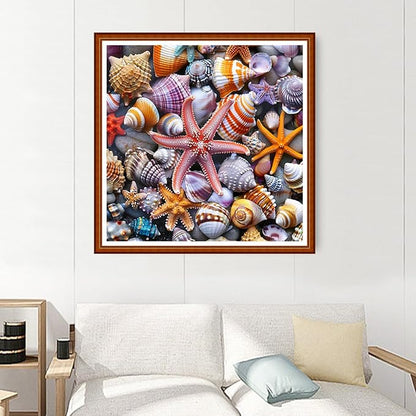 Joyhoor Stamped Cross Stitch Kits for Beginners Needlepoint Kits for Adults Embroidery Kits 11CT Counted Cross Stitch Kits Printed Embroidery Pattern-Beach Starfish Conch 18x18 inchs