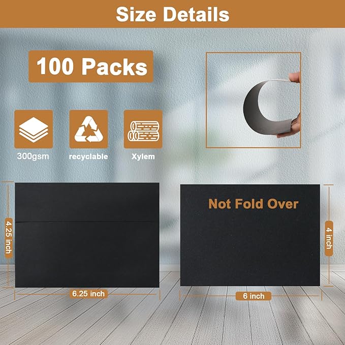 100 Packs Black Blank Greeting Cards with Envelopes 4 x 6 Heavyweight Single Panel Cardstock and A4 Envelopes Printable Self Seal for Graduations, Wedding Invitations, Thanksgiving Cards