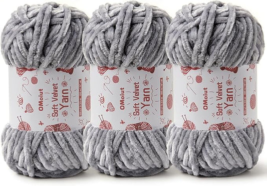 3x100g Fluffy Velvet Chenille Yarn for Crocheting and Knitting, 3x87.4yd Baby Yarn for Crocheting Soft, Crochet Chunky Yarns Amigurumi Yarns（Grayish