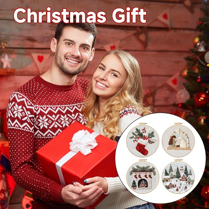 TPZBWG Christmas Embroidery Kit, 4 Pack Cross Stitch Kits,DIY Embroidery Starter Kit for Adults & Beginners, DIY Needlepoint Kit with Embroidery Hoop Thread Needle for Craft Lover Birthday Gifts 2