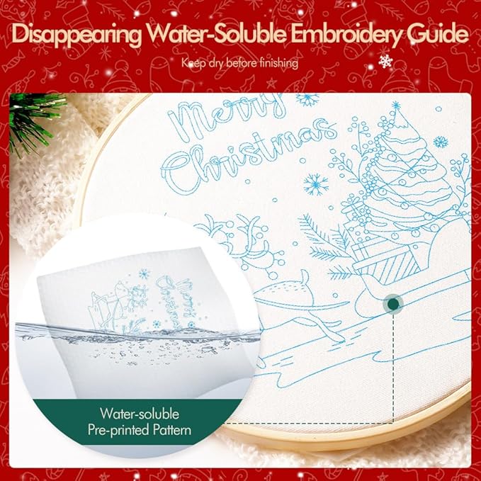Christmas Embroidery Kits: 1 Pack Cross Stitch Kit for Beginners Adults, DIY Ornaments Craft Kit with All Tools & Instructions, Stamped Hand Embroidery Starter Kit for Holiday Crafts & Xmas Home Decor