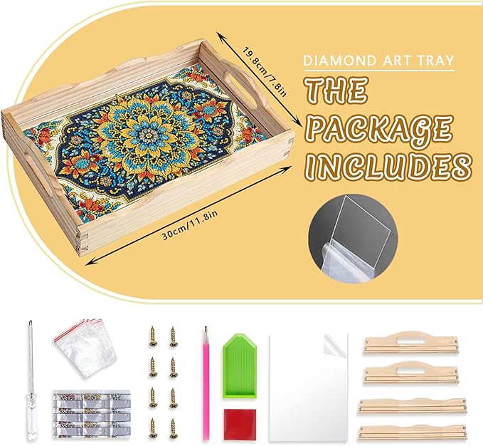 DOTSOPS 5D Diamond Painting Wooden Serving Tray with Handle for Adults DIY Diamond Art Kits for Beginners Full Drill Diamond Dots Gem Arts and Crafts Special Shape 7.8x11.8 Inches Mandala