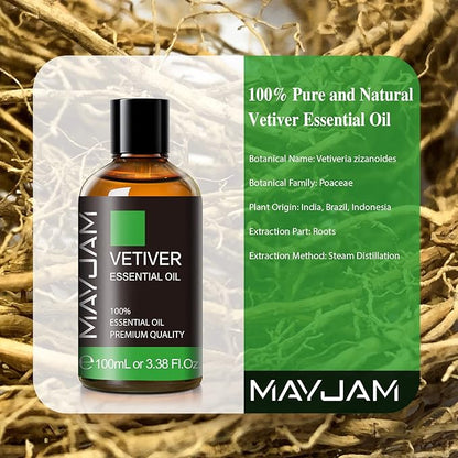 MAYJAM Premium Grade Vetiver Essential Oil - 100ML/3.38FL.OZ for Diffuser, Aromatherapy Oils for Candles, Soaps