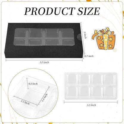 50 Pcs Gift Boxes for Wax Melts Plastic Mold with Box Wax Melt Boxes Crystal Clear Wax Melt Molds Wax Melts Containers for Wax Cubes Wax Tarts Wax Block (8 Cavity, Black)