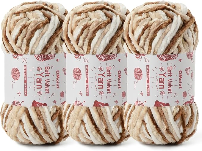 3x100g Fluffy Velvet Chenille Yarn for Crocheting and Knitting, 3x87.4yd Baby Yarn for Crocheting Soft, Crochet Chunky Yarns Amigurumi Yarns (3 White Coffee)
