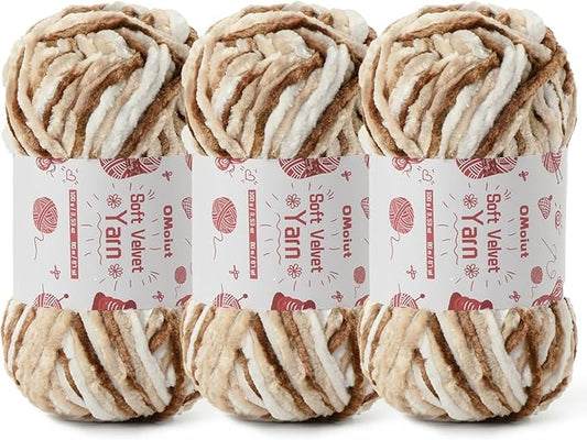 3x100g Fluffy Velvet Chenille Yarn for Crocheting and Knitting, 3x87.4yd Baby Yarn for Crocheting Soft, Crochet Chunky Yarns Amigurumi Yarns (3 White Coffee)