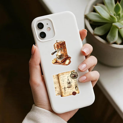 50Pcs Vintage Coffee Stickers for Scrapbooking, Journal, Photo Album, Kindle, Laptop, Refrigerators, Suitcase, Waterproof PET Transparent Aesthetic Decals