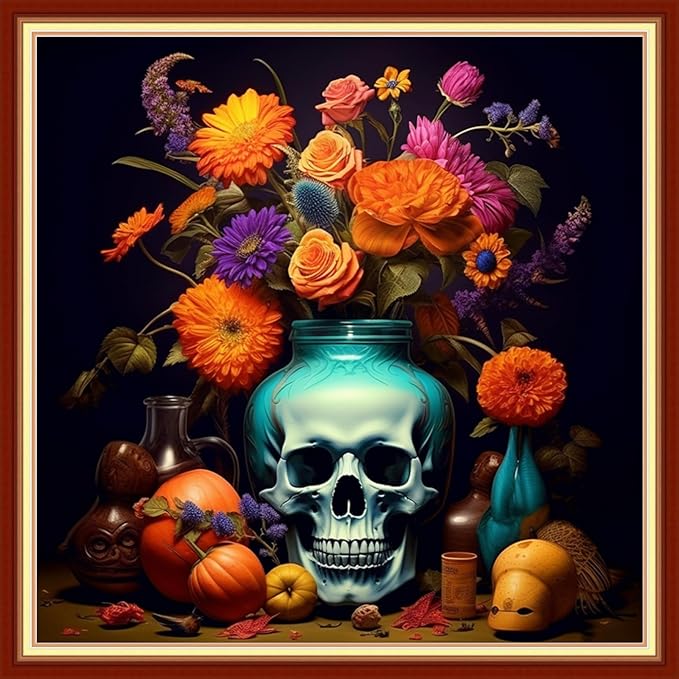 Findvoor Stamped Cross Stitch Kits for Beginner Embroidery Kits for Beginners Adults DIY 11CT Crossstitch Patterns Needlepoint Kits Crossstitching Kits-Stitch Supplies-Flower Skeleton 18x18 inch