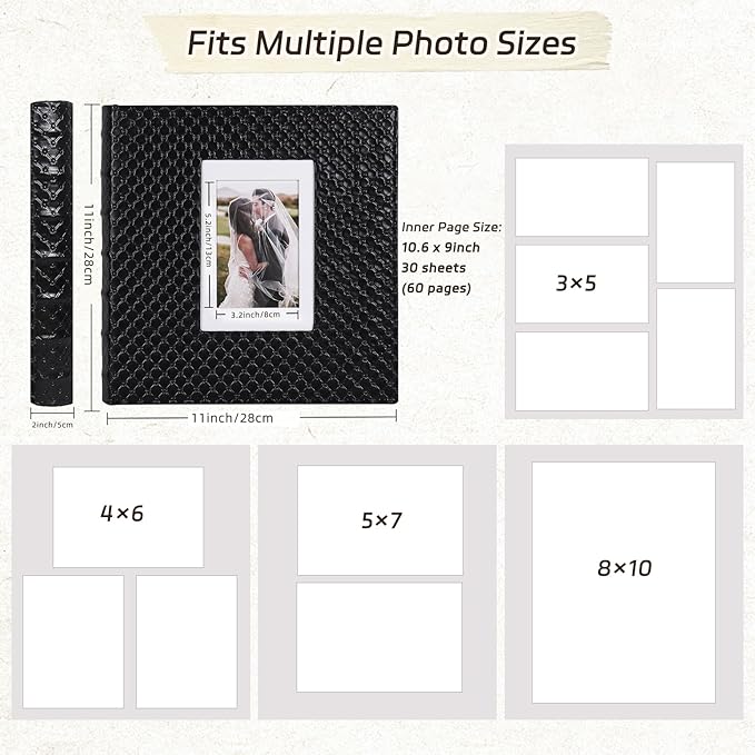 RECUTMS Scrapbook Photo Album 11x11 Black Button Grain Leather Cover DIY 4x6 5x7 8x10 Photos of Any Size