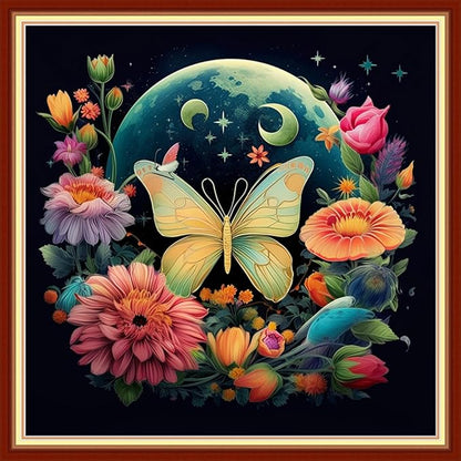 Foxdiviy Stamped Cross Stitch Kits Full Range of Embroidery Needlework Starter Kits for Beginners Adults 11CT Embroidery Patterns Art Crafts DIY Needlepoint Kits-Butterfly Moon 18x18 inch