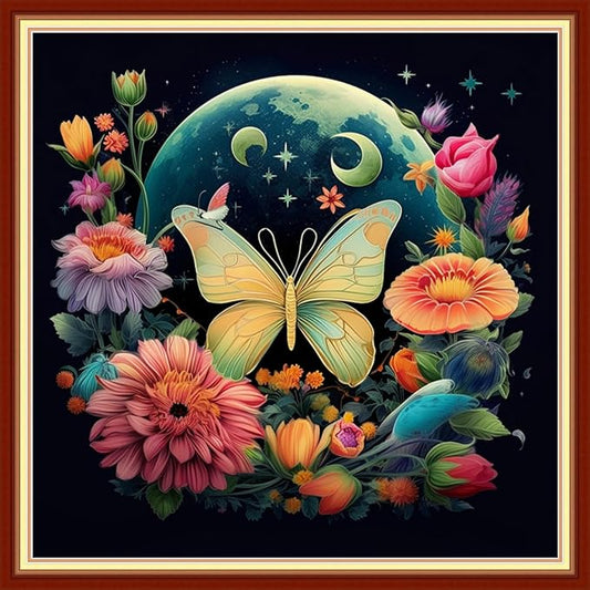Foxdiviy Stamped Cross Stitch Kits Full Range of Embroidery Needlework Starter Kits for Beginners Adults 11CT Embroidery Patterns Art Crafts DIY Needlepoint Kits-Butterfly Moon 18x18 inch