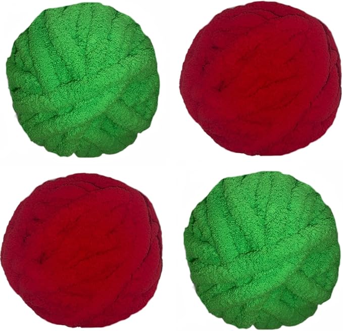 4- Pack Chunky Chenille Christmas Bundle Red and Nitro Green Yarn for Crocheting Handknitting Big Bulky Fluffy Soft Chunky Beginners Blanket Jumbo Thick Yarn DIY Crafts Décorations