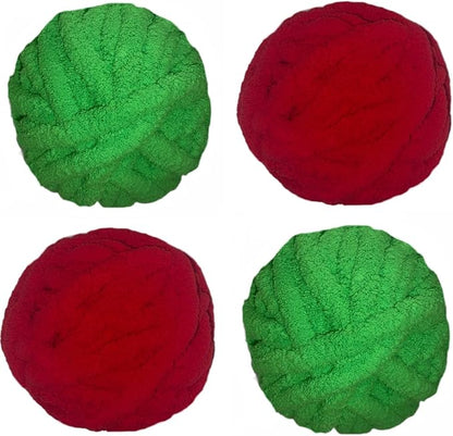 4- Pack Chunky Chenille Christmas Bundle Red and Nitro Green Yarn for Crocheting Handknitting Big Bulky Fluffy Soft Chunky Beginners Blanket Jumbo Thick Yarn DIY Crafts Décorations