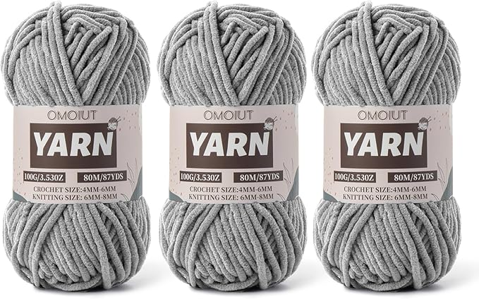 Fluffy Chenille Yarn for Crocheting - Baby Yarn for Crocheting Soft Blanket - 3 Pack of 100g/(87.4yds) Crochet Amigurumi Chunky Yarns - Super Bulky 5 Velvet Yarns (3 Gray)