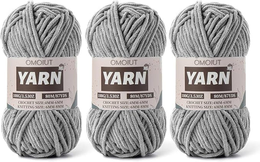 Fluffy Chenille Yarn for Crocheting - Baby Yarn for Crocheting Soft Blanket - 3 Pack of 100g/(87.4yds) Crochet Amigurumi Chunky Yarns - Super Bulky 5 Velvet Yarns (3 Gray)