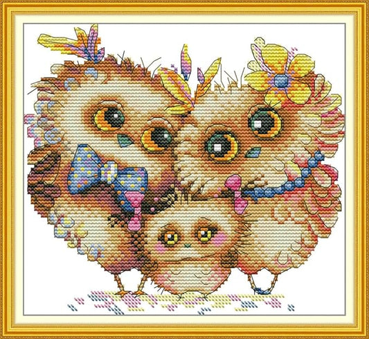 Maydiyer Counted Cross Stitch Kits for Adults,14CT Unprinted Pattern Embroidery Kits for Beginners,Easy Cross-Stitch Set DMC Threads Needlework-The Owl Family 8.7''×8.3'