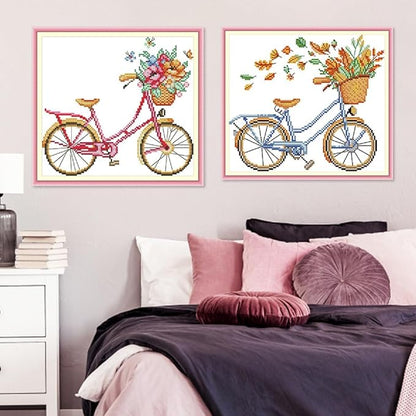 Qeerysew Cross Stitch Kits Stamped Full Range of Embroidery Starter Kits for Beginners DIY-Printed Kits Romantic Bike (Winter)(Printed) 13.8x11inches
