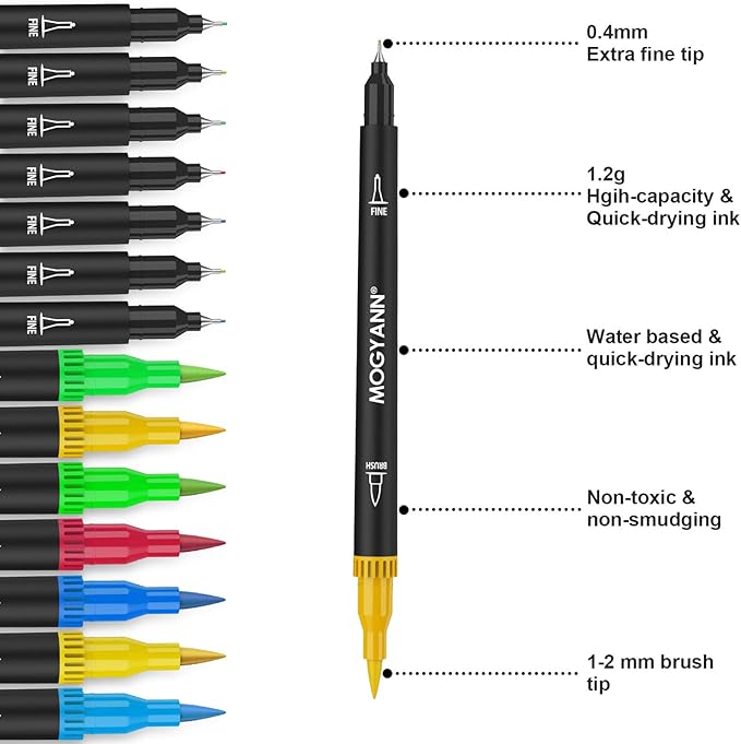 Mogyann Markers for Adult Coloring 72 Colored Pens Dual Tip Brush Markers for Coloring Books