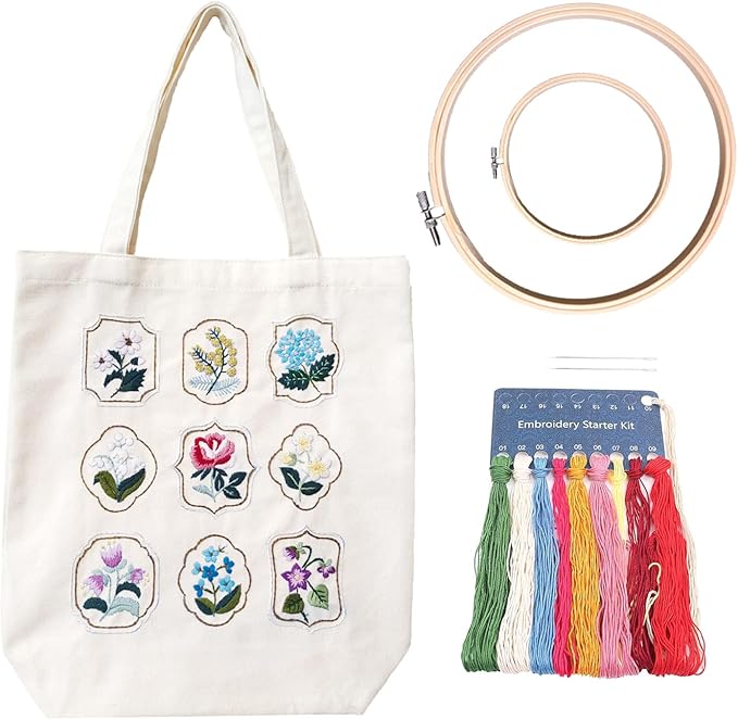SUPBRAIN Embroidery kit, Canvas Tote Bag Embroidery Kit, Include Stamped Flower Pattern, Hoop, Color Threads and Tool, Suitable for Beginners, Adults Arts and DIY Crafts Kits (White)