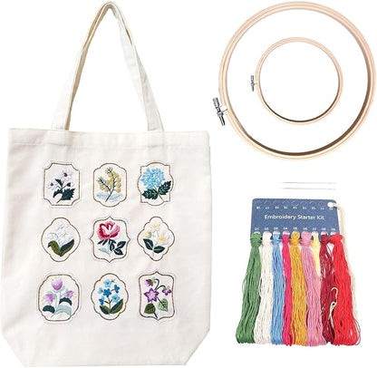 SUPBRAIN Embroidery kit, Canvas Tote Bag Embroidery Kit, Include Stamped Flower Pattern, Hoop, Color Threads and Tool, Suitable for Beginners, Adults Arts and DIY Crafts Kits (White)