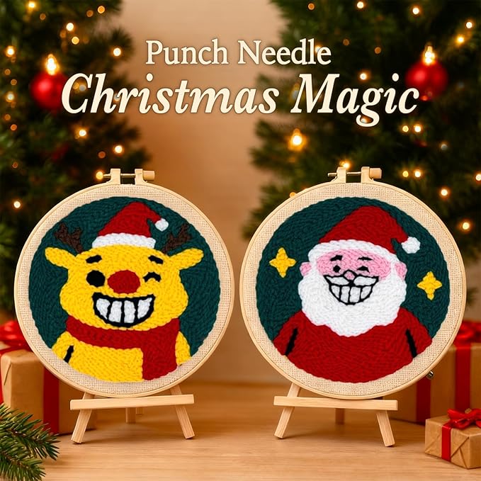Christmas Punch Needle Kit for Adult Beginner, 2-Pack Santa & Reindeer Easy Punch Embroidery Starter Set with Instruction, Fun DIY Needle Point Craft for Home Decor & Holiday Gift Idea