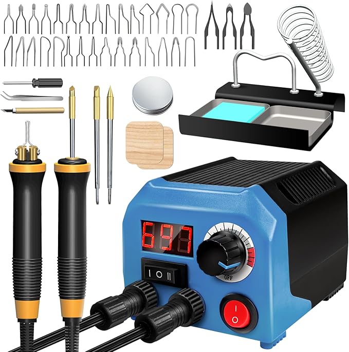 FIRElood LH55-Z2-NS2 Wood Burning Tool 200~750℃, Wood Burning kit with Digital Thermometer Temperature Adjustable Temperature, 2 pyrographic Wood Burning pen Simultaneous heating, 36 pen tips