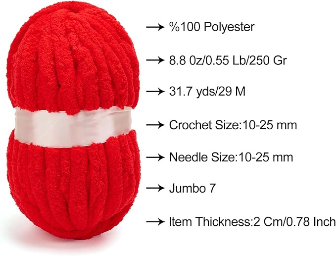 ERLYEEN Chenille Chunky Yarn Super Bulky Soft Thick Fluffy Jumbo Giant Washable Polyester Big Yarn DIY for Arm Knit Blanket Cushion Bed Sofa Home Decor,Red,0.55LB
