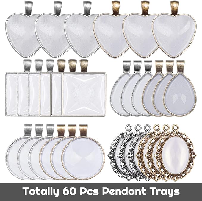 Anezus 60Pcs Pendant Trays, Bezel Pendant Trays Blanks with Glass Cabochons for Pendants Making and Jewelry Making, 5 Styles