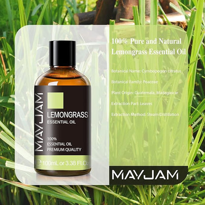 Lemongrass Essential Oil, 3.38fl.oz, MAYJAM Premium Essential Oils with Glass Dropper, Lemongrass Oil for Diffuser, Aromatherapy