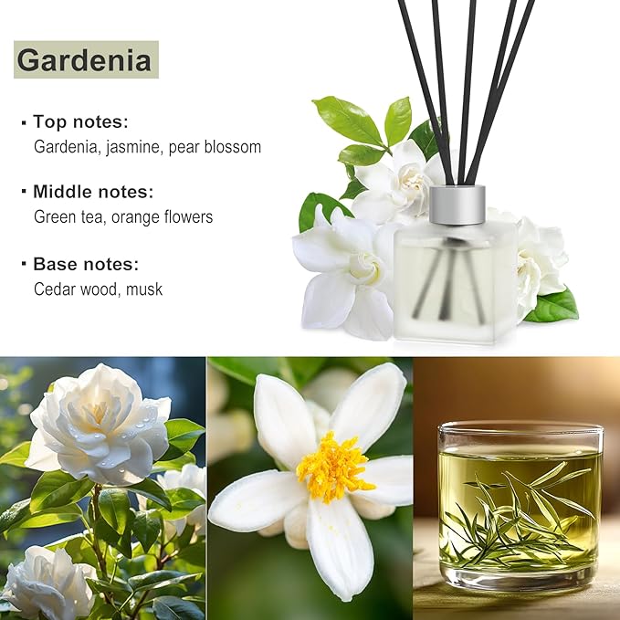 Aeeteek Reed Diffuser, Gardenia Scented Oils, Air Freshener Essential Oil Set with Diffuser Sticks, 3.4 oz Long Lasting Home Fragrance for Bedroom Office Shelf Bathroom Decor (2-Pack)