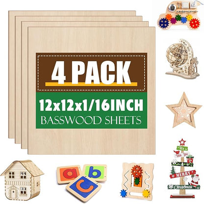 4 Pack Basswood Sheets 1/16x12x12 Inch,1/16 Basswood for Laser Cutting & Engraving, Thin Balsa Wood Sheets, Unfinished Wood for Crafts, Plywood Sheets for Models Making, Wood Burning and Painting.