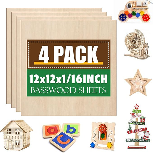 4 Pack Basswood Sheets 1/16x12x12 Inch,1/16 Basswood for Laser Cutting & Engraving, Thin Balsa Wood Sheets, Unfinished Wood for Crafts, Plywood Sheets for Models Making, Wood Burning and Painting.